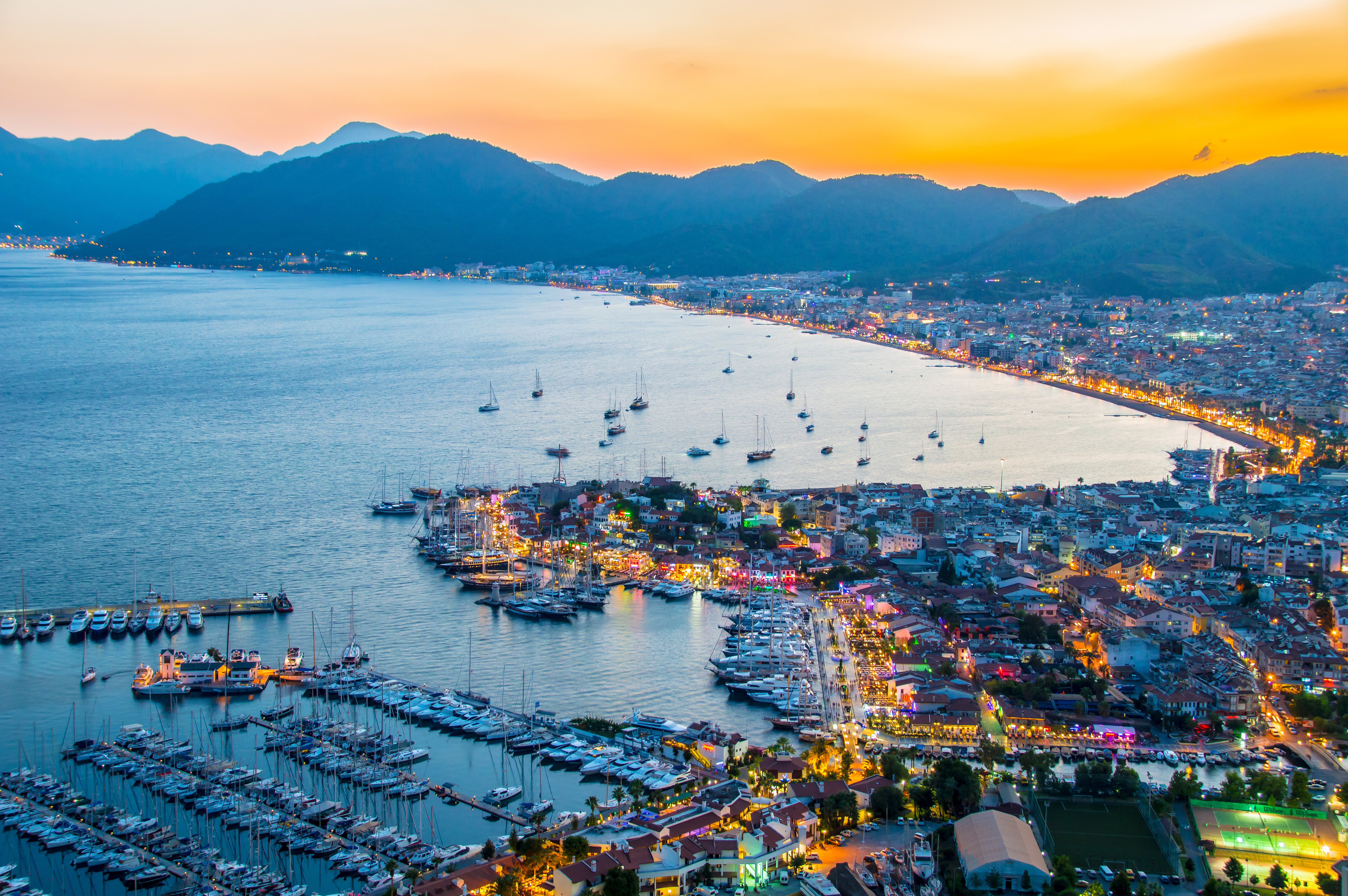 View of Marmaris harbor on Turkish Riviera by night