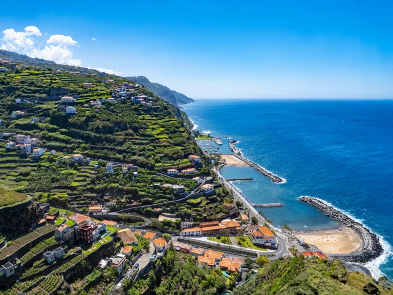 View of the village of Estreito da Calheta from the Mudas Museum. The village is located on the west coast of Madeira.