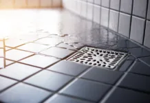 Talni sifoni: mala odločitev, ki lahko prepreči veliko škodo Water flowing to square shower drain hygiene and clean on tiled floor of modern enclosure in bathroom.