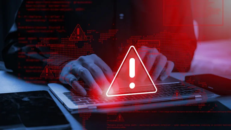 System warning: hacked alert! Cyberattack on computer network. Cybersecurity vulnerability, data breach, illegal connection, compromised information. Malicious software, virus, and cybercrime.
