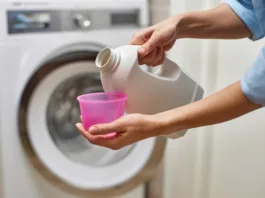female hand pours liquid transparent laundry detergent or conditioner into plastic cap against blurred washing machine.
