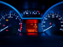Modern car illuminated dashboard closeup