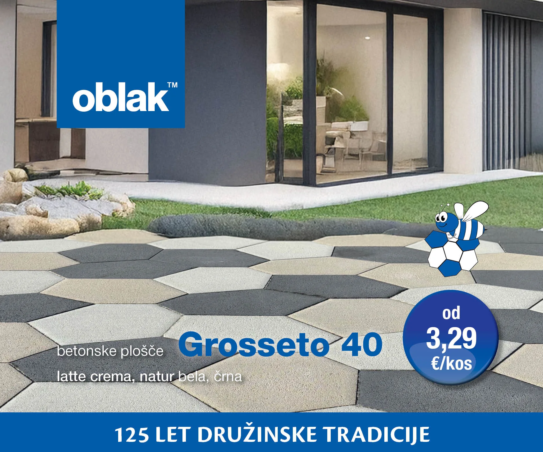 betonske plošče Groseto40; latte crema, natur bela, črna; 125 let družinske tradicije; Oblak Groupe d.d.